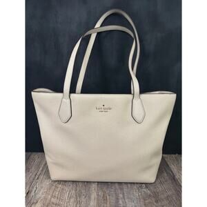 Kate Spade New York Cream Pebbled Leather Tote Bag Shoulder Purse Gold Logo